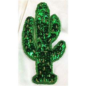 Cactus with Four Stalks Green Sequins Green and Gold Beads 4.5" x 3"