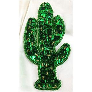Cactus with Four Stalks Green Sequins Green and Gold Beads 4.5