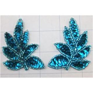 Leaf Pair with Turquoise Sequins and Beads 3" x 2"