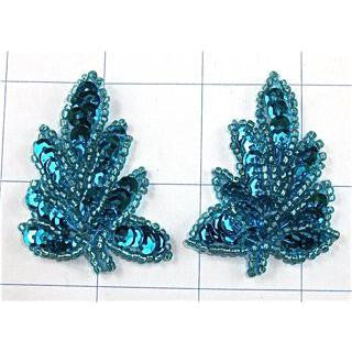 Leaf Pair with Beads Turquoise  Sequins and 2" x 1.25"