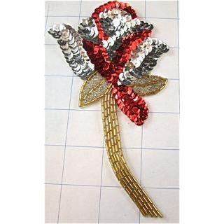 Red gold silver flower with gold stem with sequin and bead applique 6