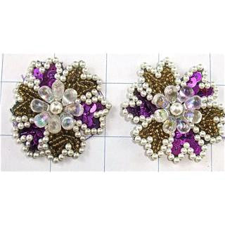 Designer Motif Flower Pair with Purple Sequins and Clear, White and Bronze Beads 2” Each