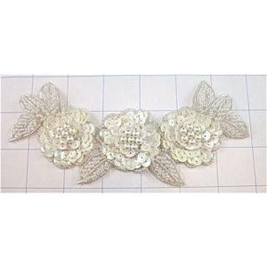 Flower White and Silver Sequins and Beads 7" x 3"