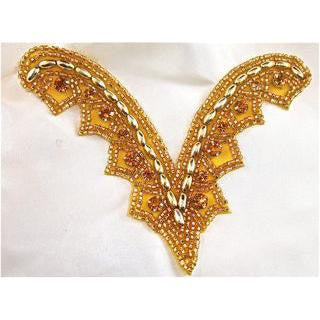 Designer Motif Neck Line Applique Gold With Beading and 14 Gold Rhinestones 5.5" x 4"