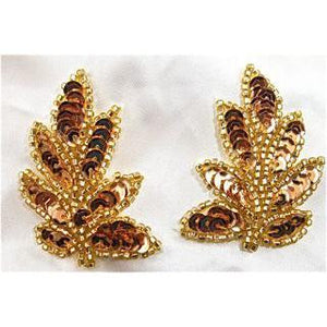 Leaf Pair with Gold Sequins and Beads 2" x 1.5"