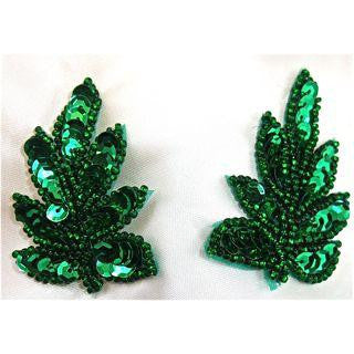 Leaf Pair with Dark Green Sequins and Beads 1.5" x 2" - Choice of Pre-Glued or Not