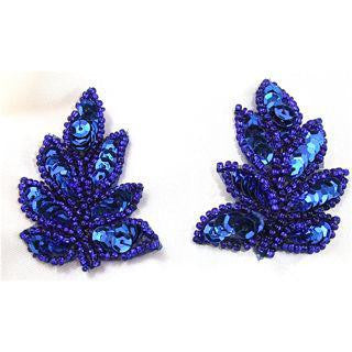 Leaf Pair or Single with Royal Blue Sequins and Beads 2" X 2.5"