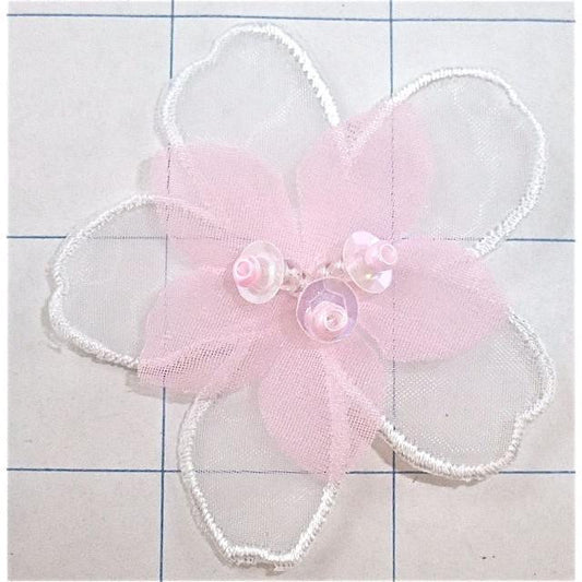 PINK AND WHITE CHIFFON FLOWER WITH SEQUINS 2.5"