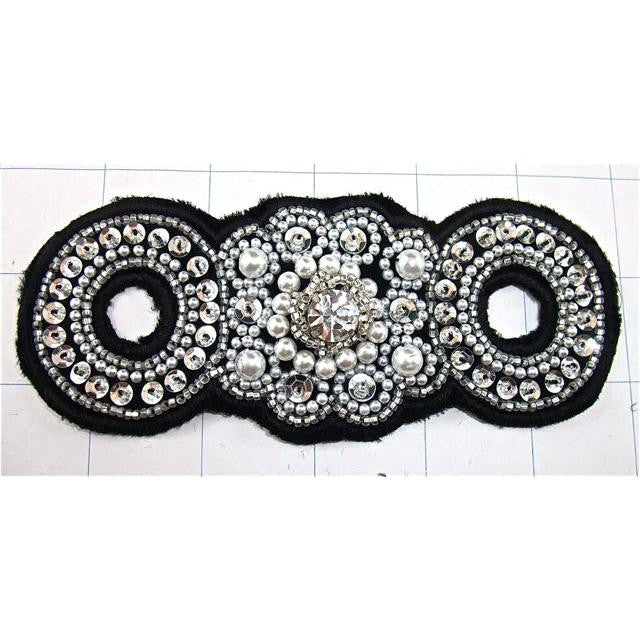 Designer Motif with Black Felt Backing White Beads and Silver Sequins and Rhinestone 2.25" x 5"