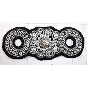 Designer Motif with Black Felt Backing White Beads and Silver Sequins and Rhinestone 2.25" x 5"