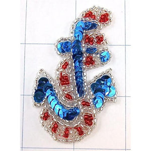 Anchor with Red, Blue Sequins and Silver Beads 2.5" x 1.5" - Sequinappliques.com