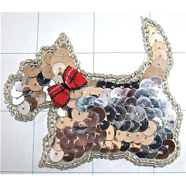 Scotty Dog Facing Left, Silver Sequins and Beads with Plaid Bow 2.5" x 3"