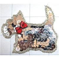 Scotty Dog Facing Left, Silver Sequins and Beads with Plaid Bow 2.5