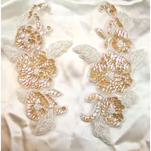 Flower Beige Sequin Pair Flower with White Leaves 8" x 4"