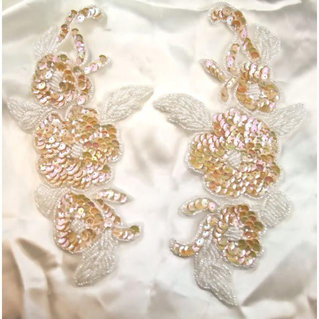 Flower Beige Sequin Pair Flower with White Leaves 8