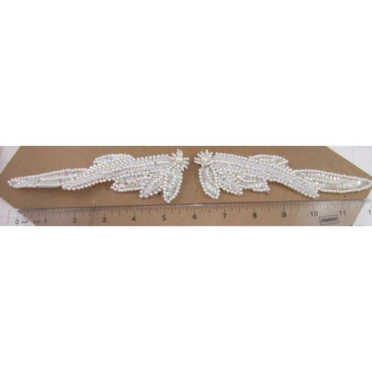 Beaded Leaf Pair with White and Iridescent Beads 6" x 3"