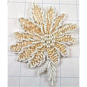 Flower Beige with White Pearls and Beads 3.25"