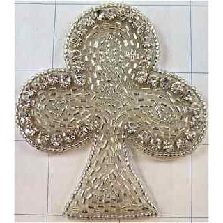 Club Card Suit with Silver Beads and 36 Rhinestones 3" x 2.5"