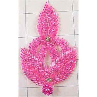 Designer Motif Leaf with Pink Beads and Rhinestones 4"