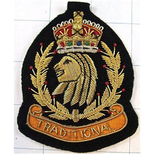 Load image into Gallery viewer, Bullion Blazer Patch with the word TRADITIONAL with Crown, Lion, Branch 3.25&quot; x 3&quot;