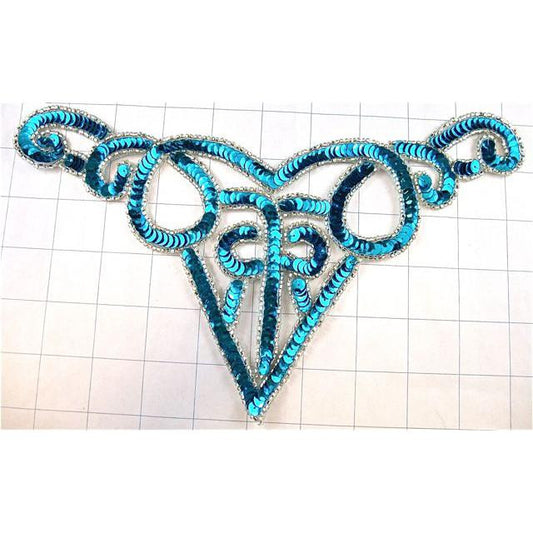 Designer Neck Line with Turquoise Sequins and Silver Beaded Trim 5.5" x 10"
