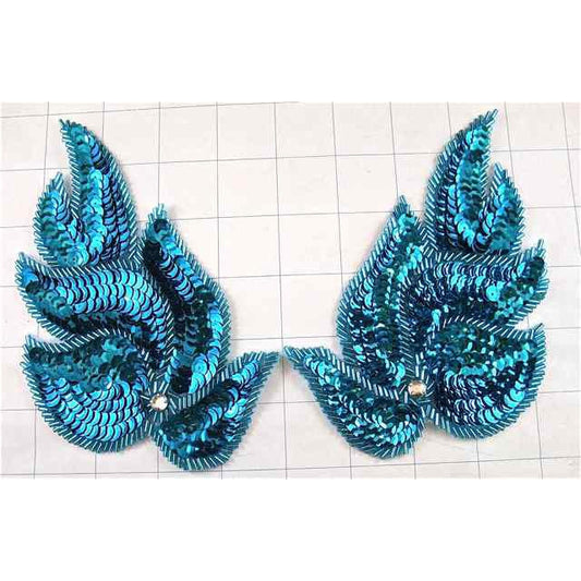 Leaf* Pair with Turquoise Sequins and Beads Rhinestones 6" x 4"