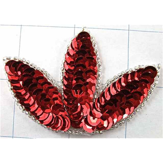 Three Leaf Motif with Red Sequins and Silver Beads 1.5" X 3"