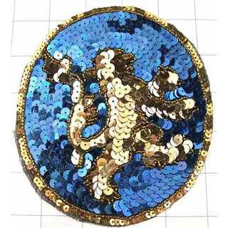 Lion Crest with Gold and Blue Sequins and Beads 5.5'