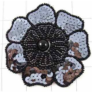 Charcoal flower with sequin and beads 3.5"