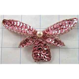 Flower PInk Sequin Wing with Pearl Center 4" x 3"