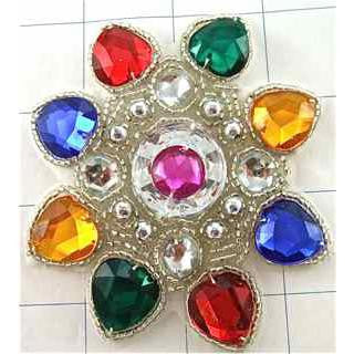 Designer Motif Jewel with Multi-Colored Gems Fuchsia In the Middle 3.5"