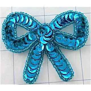 Bow with Turquoise Sequins and Beads 2" x 2.5"