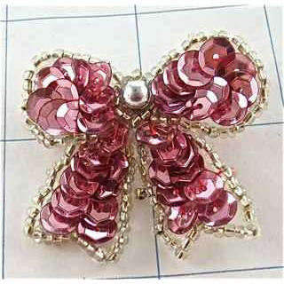 Bow Pink Sequin with Silver Beads and Center Pearl 1.5"