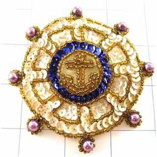 Ships Wheel with Blue Gold Pink Sequins and Beads 3"