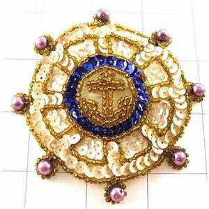 Ships Wheel with Blue Gold Pink Sequins and Beads 3"