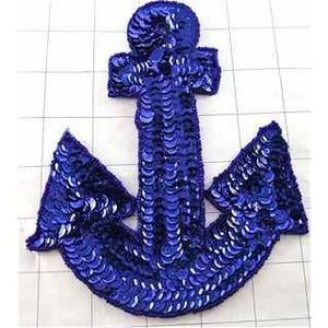 Anchor with Royal Blue Sequins and Beads 3" x 2.5" - Sequinappliques.com