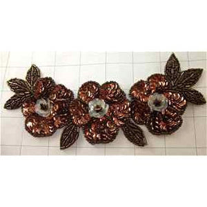 Triple Flower with Bronze Sequins and Beads 8" x 3"