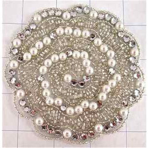 Designer Motif Vintage with White Pearls Rhinestones and Silver Beads 4"