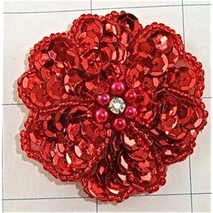 Flower with Red Sequins and Beads, Center Rhinestone 2"
