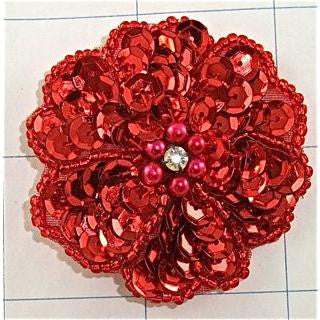 Flower with Red Sequins and Beads, Center Rhinestone 2