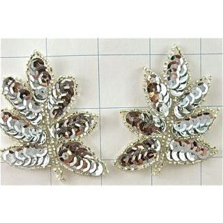 Leaf Pair with Silver Sequins and Beads 1.5" x 2"