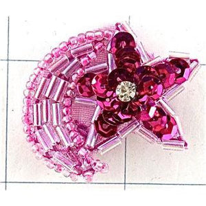 Star and Moon with Fuchsia Sequins and Beads and Rhinestone 1" x 1"