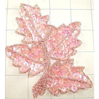 Leaf Pink Sequin with Beads 4" x 4"