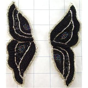 Designer Motif Black Wing Pair with Black, Silver and Moonlite Beads 5.5" x 2"