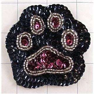 Paw Print with Burgundy and Black Sequins and Silver Beads 2.75" x 2.75" Choice of Felt Backing or No Felt Backing