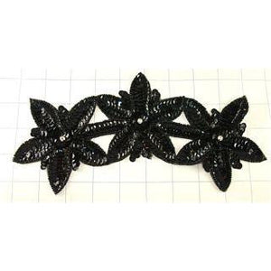 Triple Flower with Black Sequins and Rhinestone 9.5" x 4"