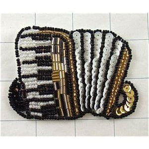Accordion with Black White Gold Beads and Sequins 2.5" x 3" - Sequinappliques.com