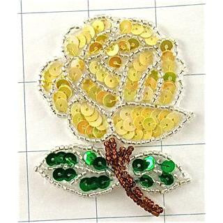 Rose with Yellow and Green Sequins and Bronze and Silver Beads 3" x 2.25"