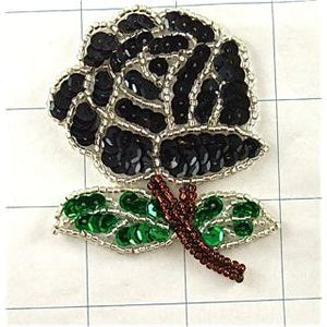Flower Rose Black Silver Green Sequins and Beads 3" x 2"