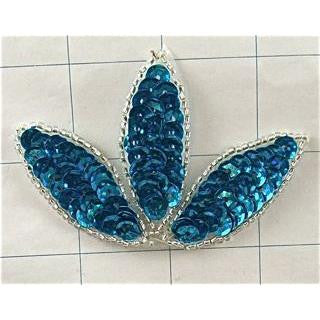Designer Motif Three Leaf Appliqué with Dark Turquoise and Silver Beads 3” x 2”